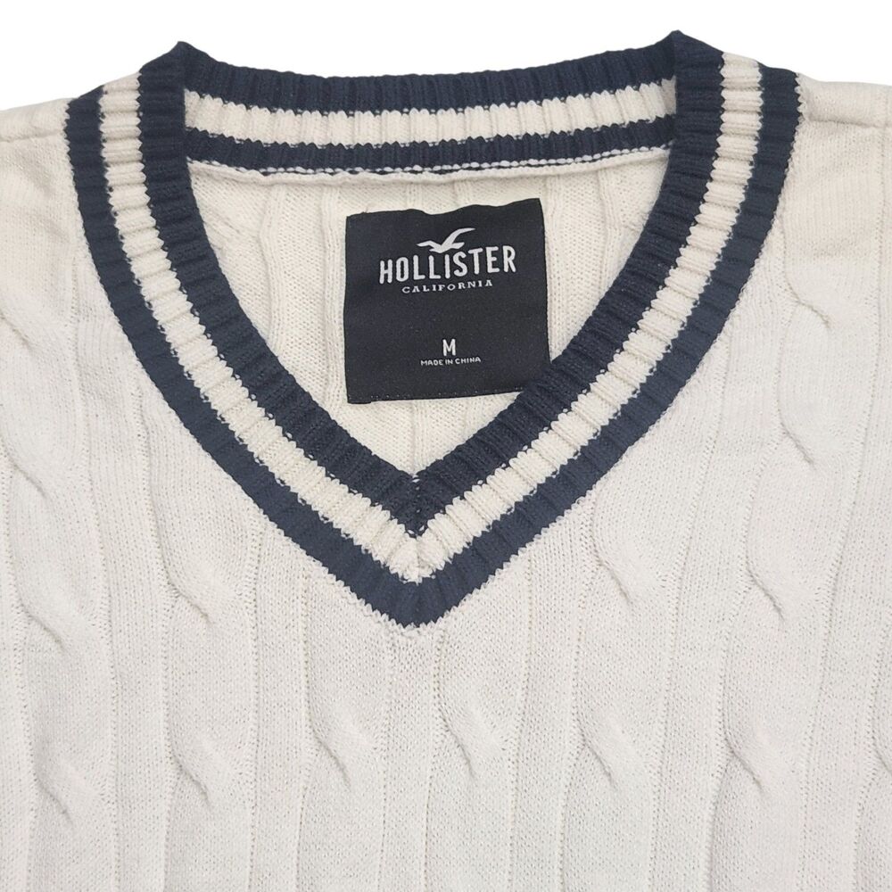 Hollister Tenniscore Preppy Cable Knit Cricket Sweater M Ivory V Neck Varsity - Picture 3 of 7